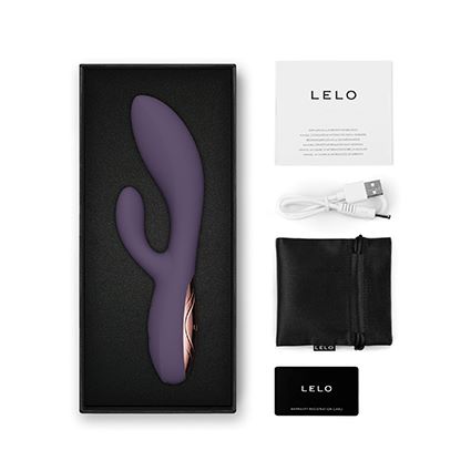 Contenido del paquete de INA Thrust de LELO con vibrador rabbit, cable USB y accesorios